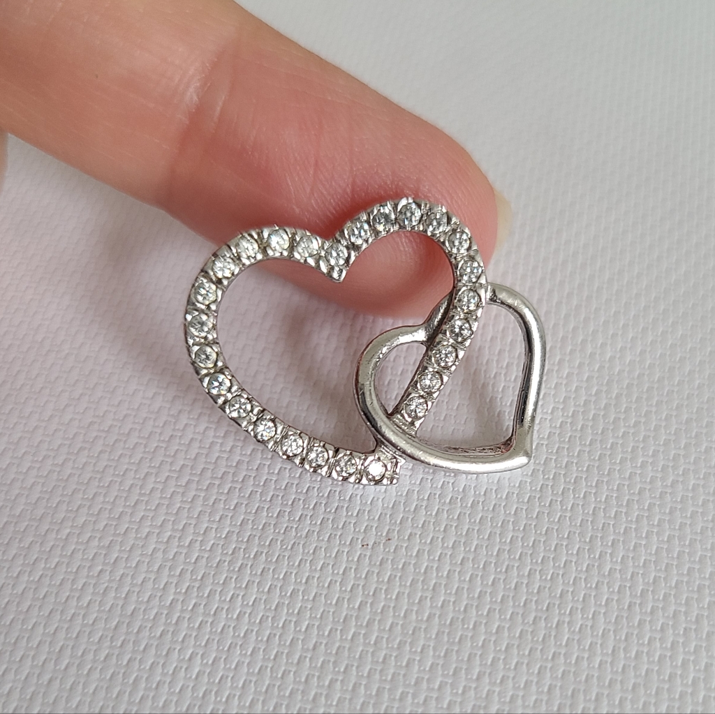 Vintage Sterling Silver Rhinestone Hollow Double Heart Valentine Love Pendant